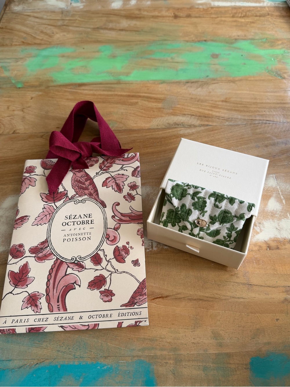 Sezane Green and Cream Floral Folded Jewelry Pouch and Box with Gift Bag